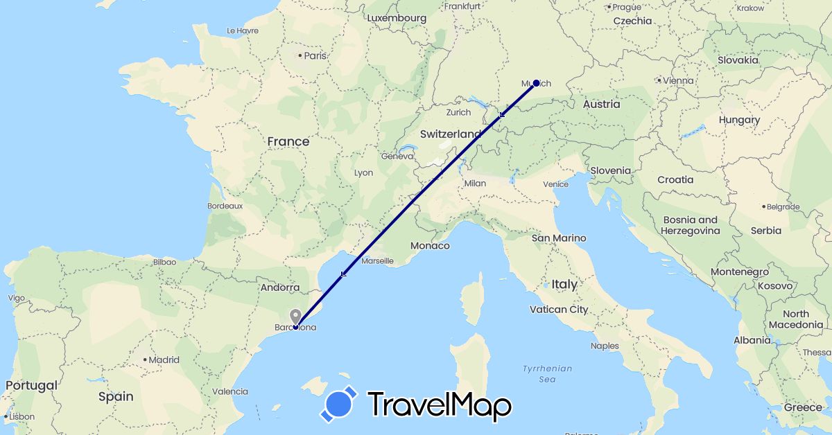 TravelMap itinerary: driving, plane in Germany, Spain (Europe)